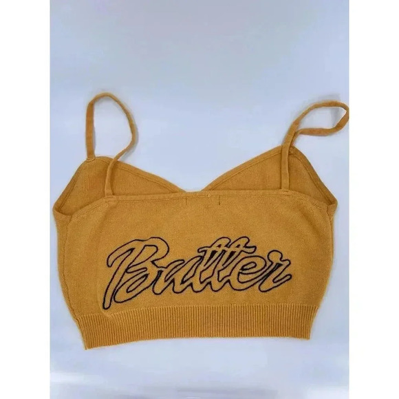 BTS Yellow Cropped Sweater Tank Top Embroidered "Butter" Women’s SMALL EUC - Picture 5 of 11